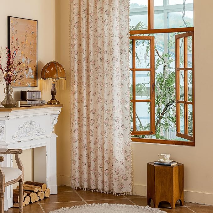OYX Pink Floral Curtains for Girls Room 2 Panels, Linen Curtains 84 Inch Length with Flower Pattern Light Filtering Window Privacy Curtains for Living Room Boho Farmhouse Vintage, Each 52 Inch Wide