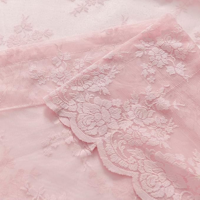 Kotile Pink Lace Curtains for Girls Bedroom - Vintage Floral Pattern Sheer Lace Curtains 72 Inch Length, Privacy Rod Pocket Scalloped Sheer Lace Window Curtain 2 Panels Set, 52 x 72 Inch, Pink