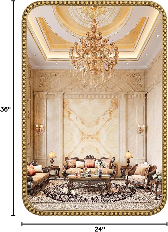 Wall Mirror for Bathroom - 24"x36" Rectangle Rounded Corner Beaded Frame Mirror, Large Vanity Mirror Hangs Horizontal or Vertical, Antique Gold