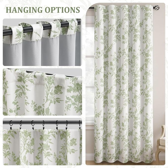 Sage Green Floral 100% Blackout Curtains for Bedroom 84 Inch Length 2 Panels Set, Farmhouse Curtains for Living Room