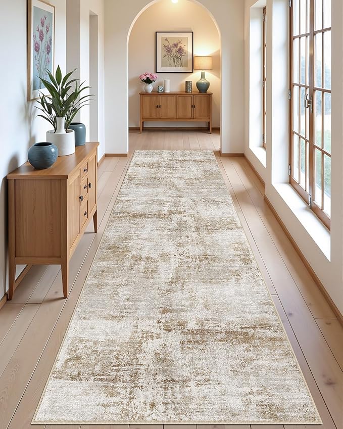 DEXI Hallway Runner Rug Washable 2'8''x10', Modern Abstract Soft Thin Hallways Runner with Non Slip Backing, Low Pile Entryway Floor Rug, Stain Resistant Carpet for Bedroom Living Room, Khaki