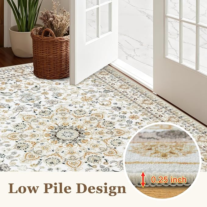 Round Area Rug for Living Room: 4 ft Washable Vintage Boho Soft Thin Circle Rug Indoor Floor No Slip Stain Resistant Carpet for Bedroom Dining Room Farmhouse Nursery Home Office - Beige