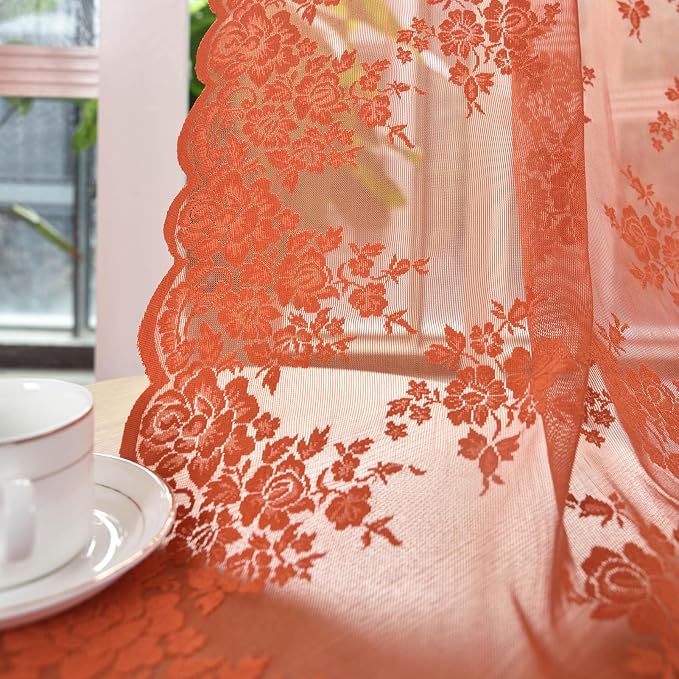 Kotile Burnt Orange Sheer Curtains 108 Inches Long for Living Room, Country Rustic Rust Floral Lace Sheer Curtains, Rod Pocket Privacy Sheer Window Curtains, 52 x 108 Inch, 2 Panels, Burnt Orange