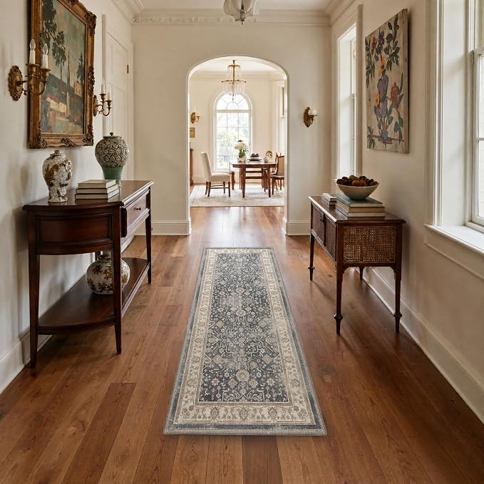 Bavni 2x3 Doormat, Machine Washable Runner Rug Non Slip, Vintage Floral Oriental Floral Rugs for Entrance, Lightweight Low Pile Carpet for Hallways Kitchen and Corridor, Dusty Charcoal