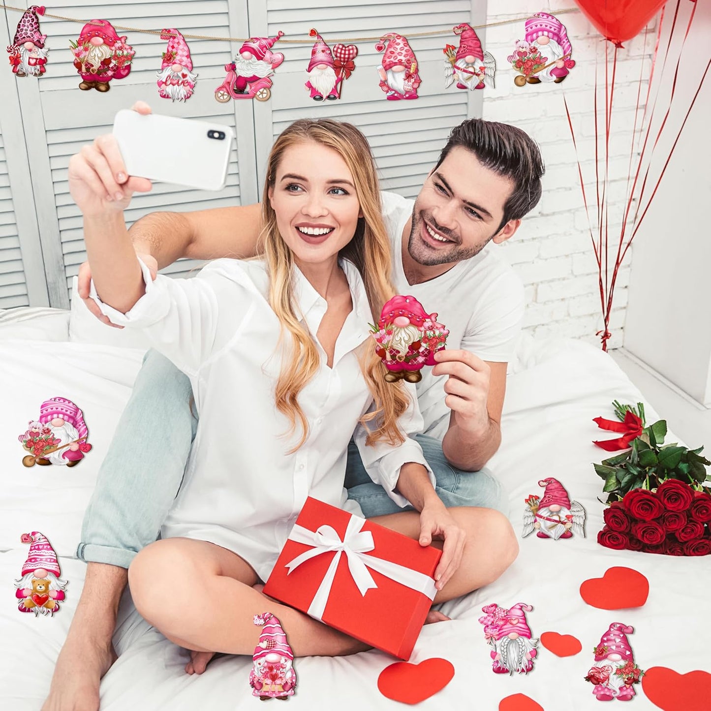 Valentine Wooden Hanging Ornaments, Wood Decor for Tree Decoration, Santa Doll Craft, Gnome Elf Party Supplies (Valentine-Gnomes-A)