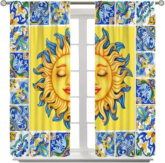 Mexico Blackout Curtains, Bohemian Sun Moon Abstract Modern Mid Century Window Drapes, for Bedroom Living Room 52" W X 84" L