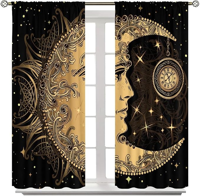Sun Moon Blackout Windows Curtains, Retro Bohemian Antique Hippie Gold Sun Crescent and Star Curtains, for Living Room Bedroom 55x63in 2 Panels