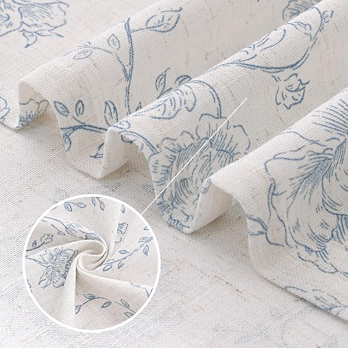 Blue Floral Curtains 90 inch Length Back Tab Farmhouser Living Room Light Filtering Curtains Blue Pattern Print on Cream White Linen Curtain Panel Minimalist Aesthetic Sketch Style Vintage Room Decor