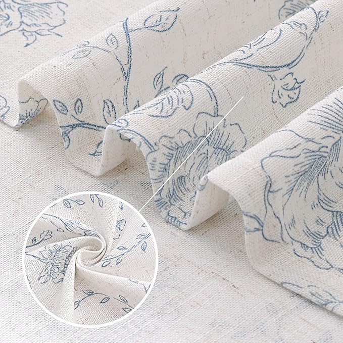 Blue Floral Curtains 108 inch Length Back Tab Farmhouser Living Room Light Filtering Curtains Blue Pattern Print on Cream White Linen Curtain Panel Minimalist Aesthetic Sketch Style Vintage Room Decor
