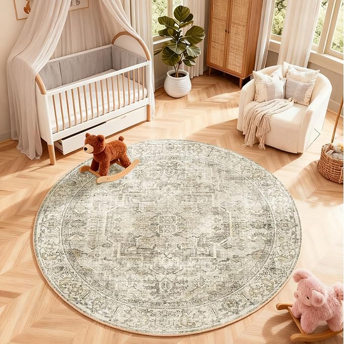 4x4 Round Bedroom Rug Washable: Living Room Rug Stain Resistant Non Slip Low Pile Soft Small Area Rug for Bedroom Entryway Kitchen Living Room Bedside Office Dorm Kids Room Entrance