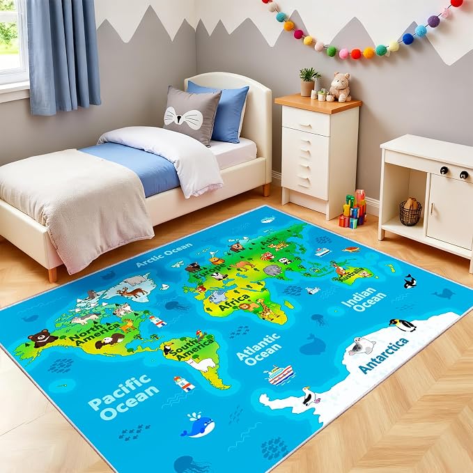 Kids Playroom Rug, 4x5ft World Map Rugs with Cute Animals, Washable Durable Soft Carpet Kid Educational Rugs for Boys Girls Bedroom Nursery Classroom