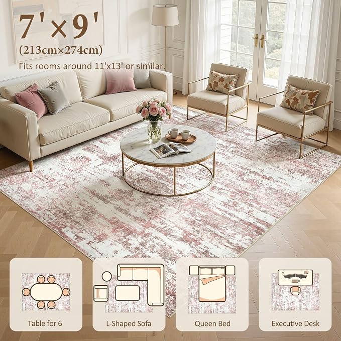 Area Rugs for Living Room: 7x9 Abstract Washable Rug Modern Neutral Large Soft Stain Resistant Non-Slip Backing Machine Table for Bedroom Dining Room Indoor Home Office Carpet - Pink