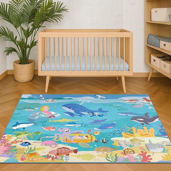 3x5 Small Kids Rug for Bedroom - Washable Soft Ocean Themed Rug for Kids Room, Bathroom and Playroom – Sea Animal Carpet for Children, Toddler, Whale Mermaid & Marine Life Educational Learning Carpet