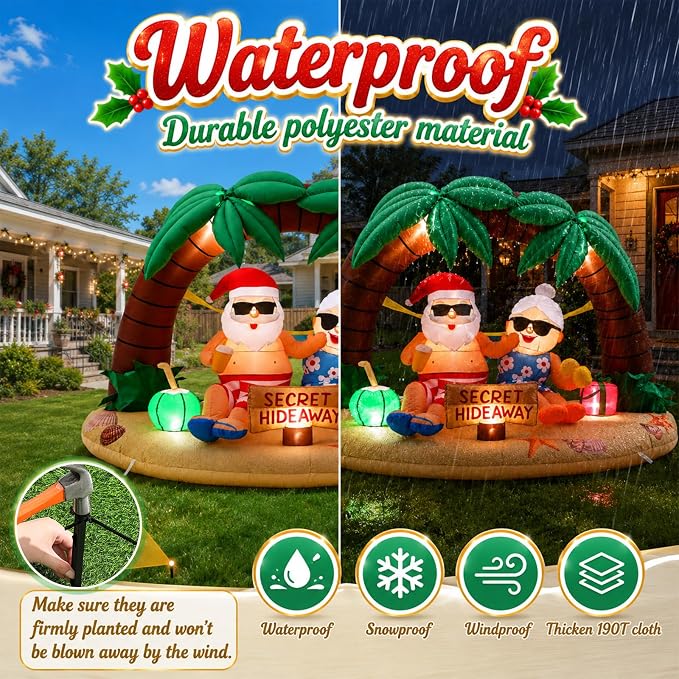 Leyndo Christmas in July Inflatable, 7 ft Christmas Inflatables Santa and Mrs. Claus Secret Ornament Built-in LED Xmas Blow up Yard Decorations for Island Holiday Beach Party Supplies