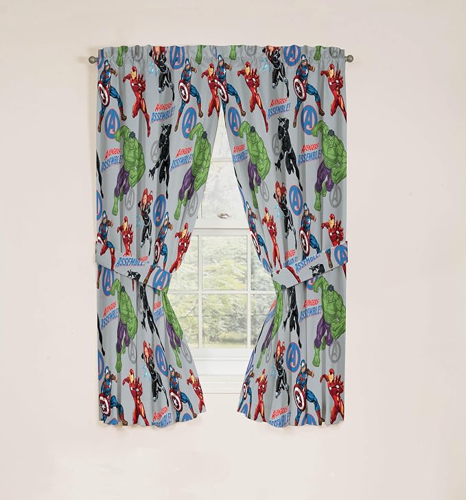 Jay Franco Window Curtains for Kids Bedroom 4-Piece Drape Set with 2 Tiebacks, Grey - Avengers, 42" W x 63" L (Pack of 2)