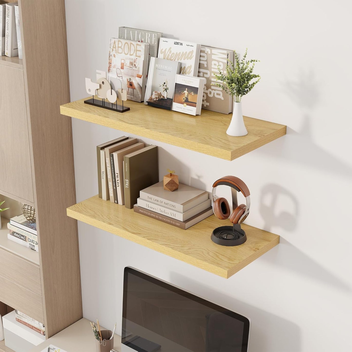32" Floating Shelves for Wall, 12" Deep Slim Oak Floating Shelves, Wall-Mounted Shelves for Bedroom, Living Room, Kitchen, Bathroom - Set of 2