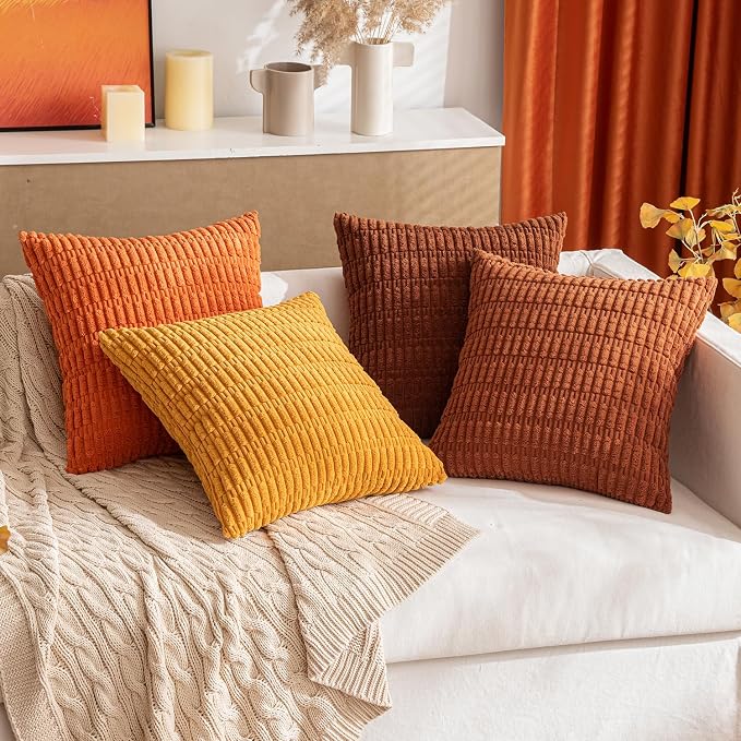 MIULEE Fall Pack of 2 Dark Rust Corduroy Decorative Pillow Covers 12x12 Inch Soft Boho Striped Throw Pillow Covers Modern Farmhouse Home Decor for Sofa Living Room Couch Bed
