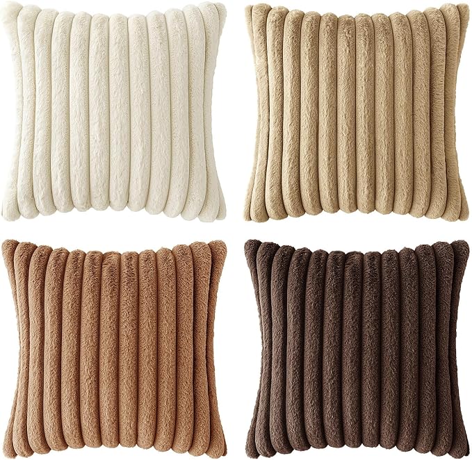 MIULEE Faux Fur Plush Decorative Throw Pillow Covers 18x18 Set of 4, Boho Farmhouse Soft Fuzzy Striped Cushion Covers for Sofa Couch Bed Living Room Vintage Rustic Home Decor,Brown