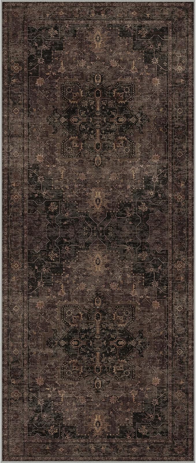GENIMO 2'6"x6 Runner Rugs for Hallway, Machine Washable Non Slip Vintage Rugs, Low Pile Lightweight Soft Print Rug for enrtyway, Corridor, Home, Office, Kitchen, Charcoal Brown