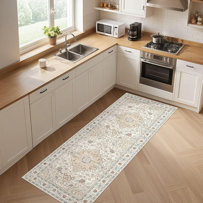 Runner Rug Kitchen Washable Rugs: 3x10 Non-Slip Boho Soft Vintage Stain Resistant Indoor Floor Neutral Farmhouse Throw Carpet for Hallway Bathroom Laundry Room Entryway Bedroom- Cream
