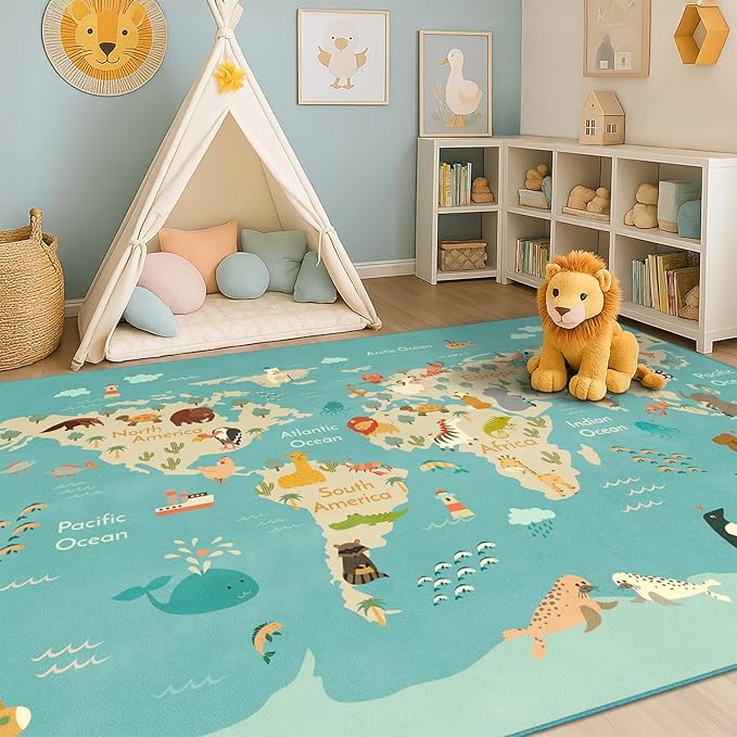 Large 8x10 Playroom Rugs - Kids Area Rug for Classroom Elementary, Bedroom, Living Room, Washable Soft Cute World Map Carpet with Ocean, Continents & Animals
