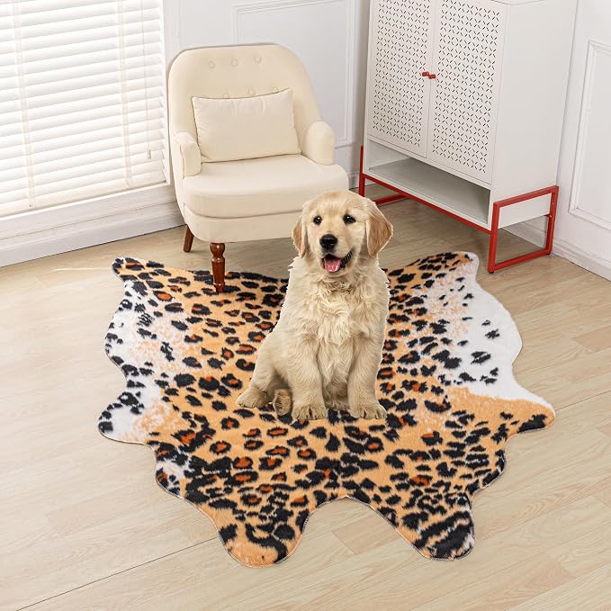 Huichenxing2021FURSTORE Leopard Print Rug, Cheetah Rug 5.3ft x 6.7ft Large Faux Cowhide Skin Mat Animal Print Area Rugs for Living Room Bedroom Nursery Home Office Brown