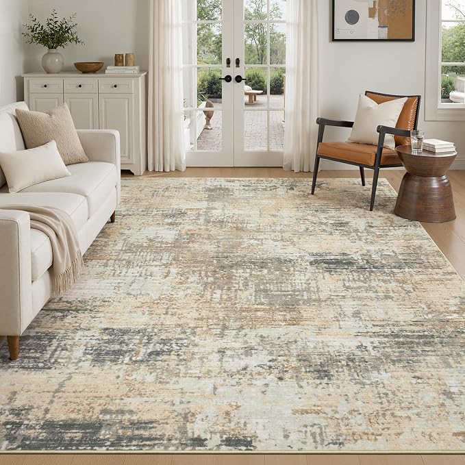 Rugflix 5x7 Area Rugs for Living Room, Washable Large Rug Stain-Resistant Low Pile, Modern Neutral Carpet for Dining Room Home Office Kid Room Nursery Bedroom, Brown Black Beige