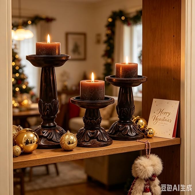 Hosley Set of 3 Wood Pillar Candle Holders 8", 6", 4.25" High Dark Brown Wooden Candlestick Set for Table Centerpiece Ideal for LED & Wax Candles, Rustic Home Decor, Wedding, Party, Spa, Reiki
