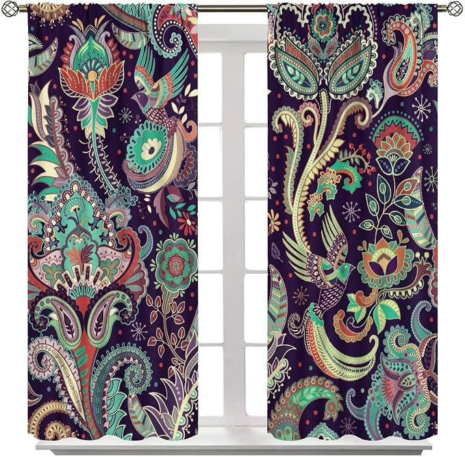 Boho Curtains, Traditional Geometric Ethnic Style Beautiful Floral Pattern, Blackout Curtains Living Room Bedroom Dim Room, 2 Panel Set, 63x72 in.