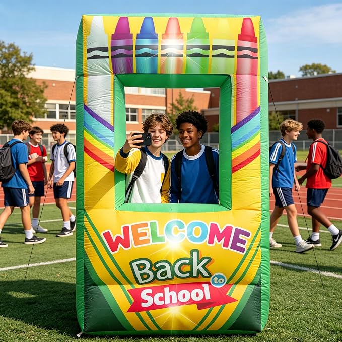 5.9FT Inflatable Crayon Photo Prop, Back to School Party Decoration First Day of School Photo Booth Crayon Selfie Frames for Welcome School Party Decors Outdoor Yard Garden Decor