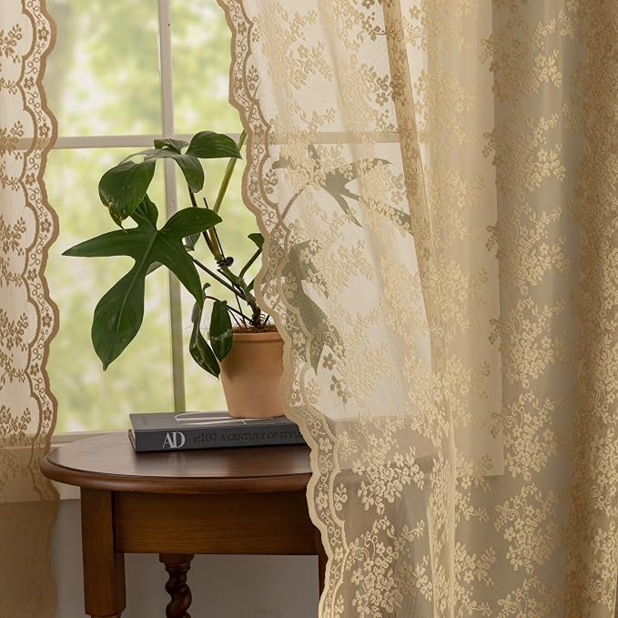 YJ YANJUN Vintage Lace Curtains 72 Inches Long-Victorian Floral Pattern Tan Sheer Curtain Panels for Living Room Bedroom,Light Filtering, Rustic Farmhouse Neutral Decor 2 Panels 52W x 72L Taupe