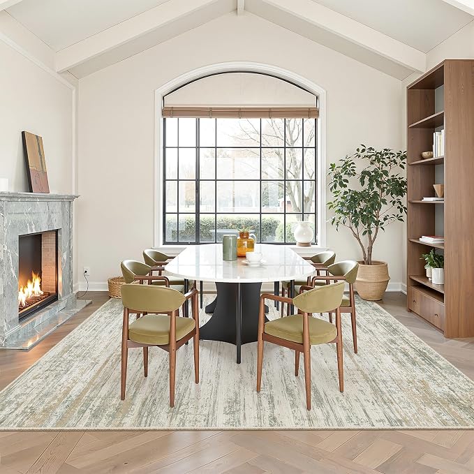 Area Rugs 6x9 Living Room, Washable Rug Modern Abstract Large Rugs Neutral Rug Stain Resistant Indoor Carpet for Bedroom Kitchen Dining Room Nursery Home Office Rugs(Green Brown,6'x9')