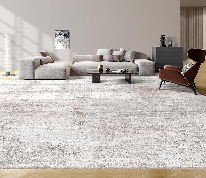 Abstract 5x7 Area Rug: Machine Washable Non Slip Ultra Thin Low-Pile Carpet, Soft Stain Resistant for Living Room Bedroom Nursery, Kid Pet Friendly, Robot Vacuum Compatible - Brown Grey