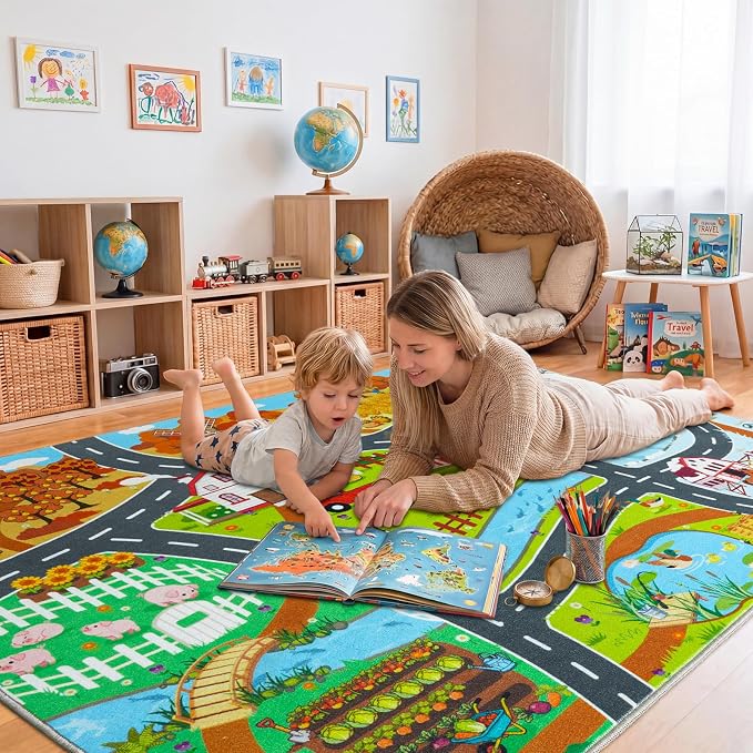 Car Rug Play Mat for Kids Toy Cars, 5' x 7' Town Country Barn Track Road Carpet, Non-Slip Machine Washable Rugs Four Seasons Farm Theme Traffic Mat for Kids Room Bedroom Game Safe Area