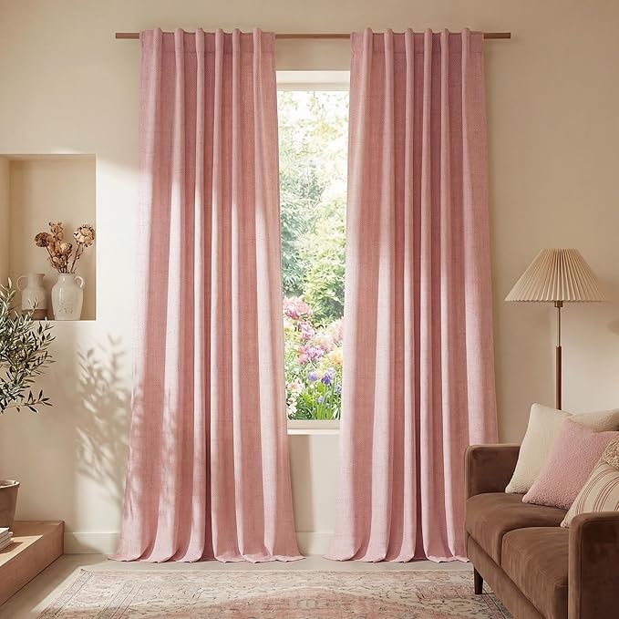 NICETOWN Full 100% Blackout Pink Linen Curtains with White Liner, Thermal Soundproof 3-in-1 Weighted Drapes Multi-Hanging Options (Hook Belt) for Nursery & Bedroom, 2 Panels, 52" W x 108" L