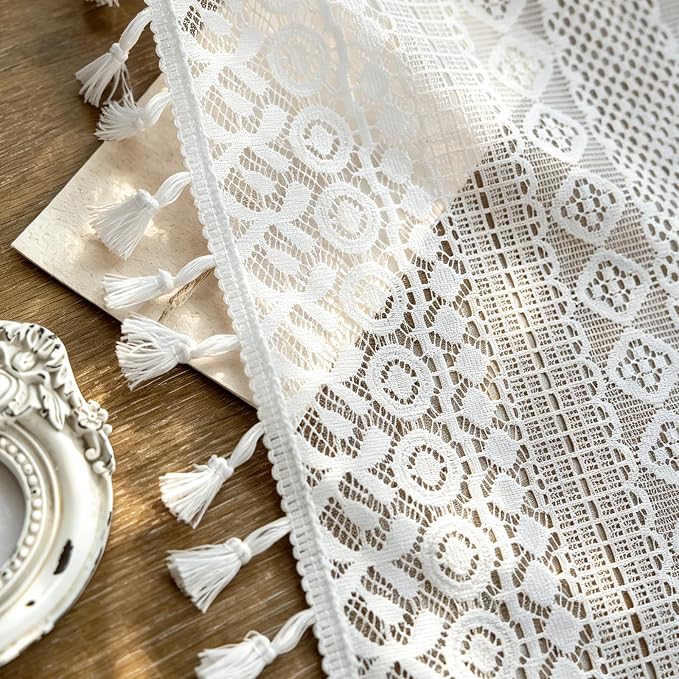 Sutuo Home White Boho Lace Kitchen Curtains 54 inches Long, Cottagecore Semi Sheer Privacy Crochet Vintage Tassels Bohemian Window Cream Curtains Drape for Nursery Decor Rod Pocket, 2 Panels 50" W