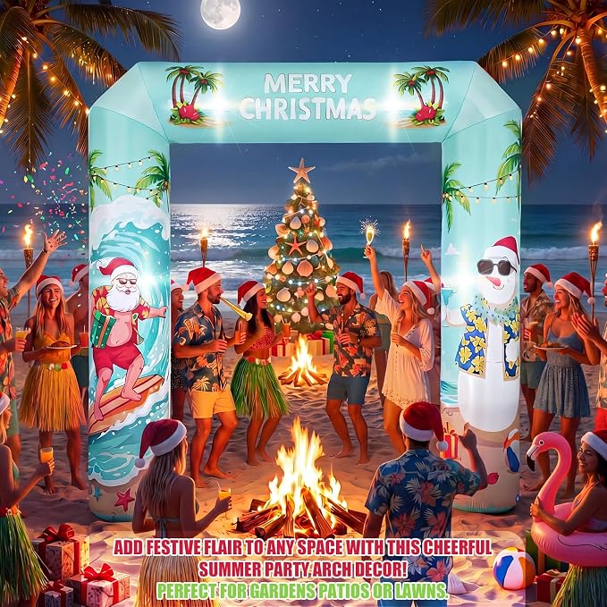 Jenaai Christmas in July Inflatable Arch, 8.53 x 7.53 ft Tropical Christmas Blow Up Arch with LED Lights, Hawaiian Luau Party Entrance for Outdoor Yard Beach Party Decorations