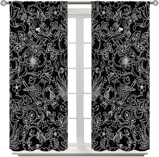 Bohemia William Morris Art Blackout Window Curtains, Vintage Flowers and Birds Dark Magic Forest Background, for Living Room Bedroom 31.5(W)*63(L) 2 Panels