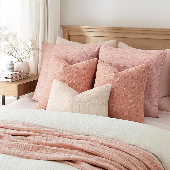 Foindtower Set of 2 Decorative Linen Check Throw Pillow Covers Neutral Farmhouse Vintage Cushion Covers Modern Boho Accent Home Decor for Sofa Chair Couch Bedroom Living Room,24×24 Inch,Coral Pink