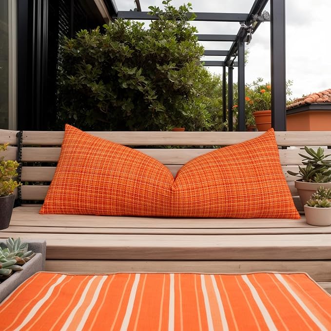 Kevin Textile Outdoor Waterproof Throw Pillow Covers 14x36 Inch Pack of 1 Woven Faux Linen Decorative Water Resistant Long Body Lumbar Cushion Covers for Tent Patio Garden Couch Sofa Orange