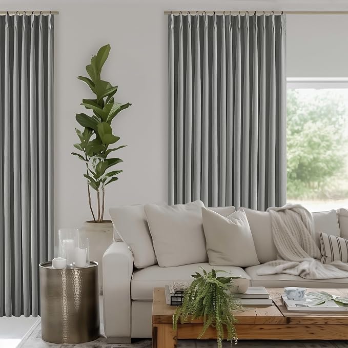 Grey Pleated Linen Blackout Curtains 90 Inches Long for Bedroom Living Room Pinch Pleat Black Out Thermal Insulated Ring Hooks Back Tab Room Darkening Drapes Dark Gray 90 Inch Curtains with Liner