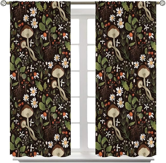 Mushroom Curtains,Green Plant Forest Botanical Print Window Treatments for Bedroom Living Room Kitchen Cartoon Herbs Floral Window Drapes 2 Panels Set,Total Size 63 x 72 Inch