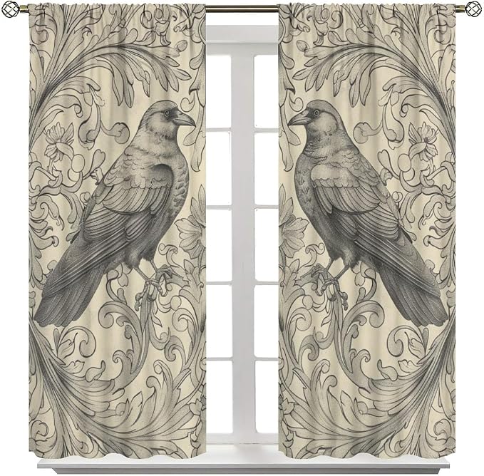 William Morris Blackout Curtains, Vintage Bird Crow Boho Rustic Flower Print Window Drapes, for Bedroom Living Room 63" W X 63" L