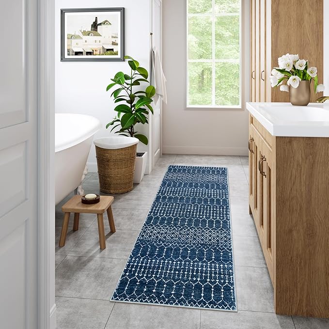 Lahome Moroccan 2x5 Washable Blue Runner Rug, Non-Slip Low-Pile Stain Resistant Kitchen Rugs, Geometric Soft Bathroom Runner Carpet for Entrance Bedroom Laundry Hana, Blue