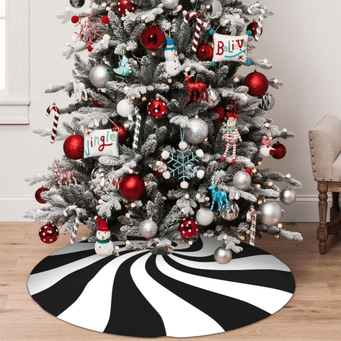 48" Black and White Peppermint Candy Christmas Tree Skirt, Tree Mat Base Cover for Xmas Festive Holiday Party Decoration Ornaments