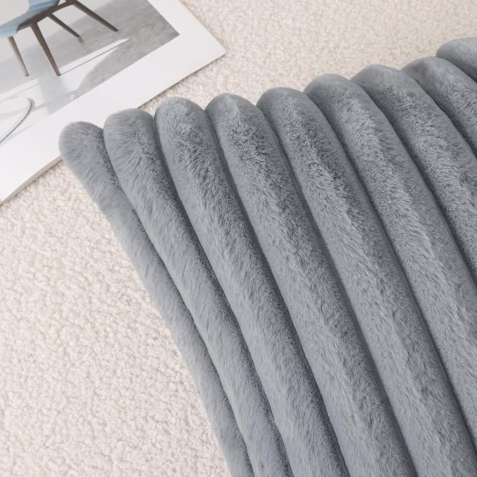 Pallene Faux Fur Plush Lumbar Throw Pillow Covers 12x20 Set of 2, Luxury Soft Fluffy Striped Decorative Pillow Covers for Sofa, Couch, Living Room, Grey