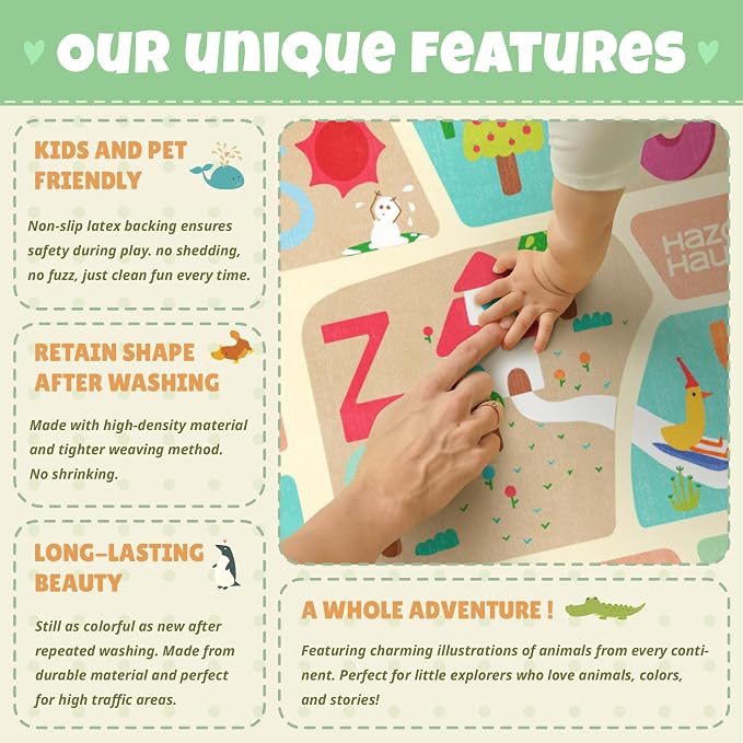 4x6 Preschool Kids Alphabet Rug – Washable ABC Learning Carpet for Toddlers, Educational Playroom Carpet with Fun Letters & Illustrations, Soft Nursery Rug for Reading, Craft, or Floor Play