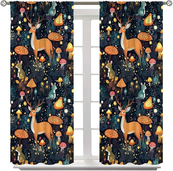 Fantasy Plant Curtains,Cute Woodland Deer Forest Animal Floral Mushroom Print Window Treatments for Bedroom Living Room Study Window Drapes 2 Panels Set,Total Size 72 x 63 Inch