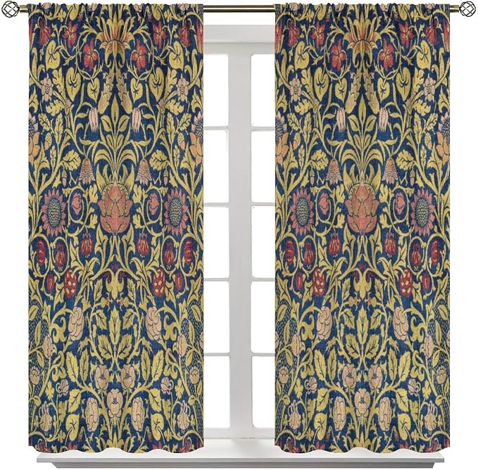 Retro Bohemian William Morris Plant Floral Blackout Window Curtains, Abstract Vintage Country Floral Leaf Pattern Print Window Drapes, for Bedroom Living Room 27.5(W)*63(L) 2 Panels