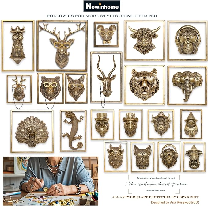 Newinhome Animal Heads Wall Decor (Includes Metal Frame) Resin Animals Sculptures Head Wall Hanging Decoration Gold vintage Wall Sculpture for Living Room Bedroom Office (American Bison)
